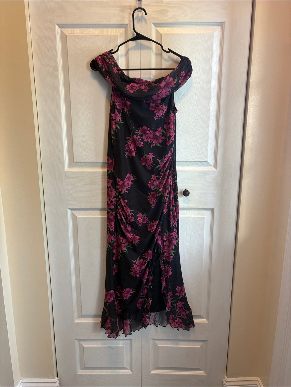 Off-Shoulder Black Maxi Dress with Pink Floral Print